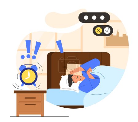 Illustration for Alarm clock wake up concept. Man lying in bed. Comfort and coziness in bedroom. Dream and recuperation. Guy woke up after sleep. Cartoon flat vector illustration isolated on white background - Royalty Free Image