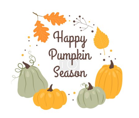 Illustration for Autumn lettering concept. Fall season elements. Calligraphy and typography. Green and yellow pumpkins and foliage. Template and layout. Cartoon flat vector illustration isolated on white background - Royalty Free Image
