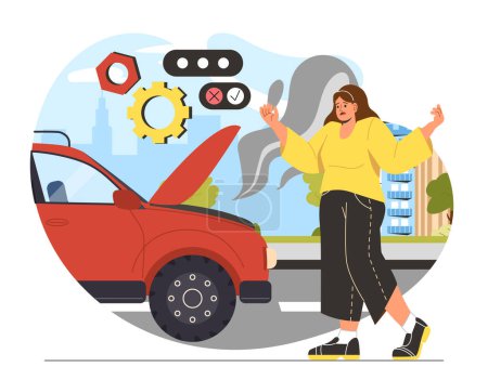 Illustration for Broken car concept. Young girl with red vehicle stuck at road. Smog from automobile. Accident and emergency situation. Cartoon flat vector illustration isolated on white background - Royalty Free Image