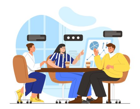 Illustration for Business conference concept. Men and woman at table discuss. Teamwrk and partnership. Collaboration and cooperation. People brainstorming. Cartoon flat vector illustration isolated on white background - Royalty Free Image