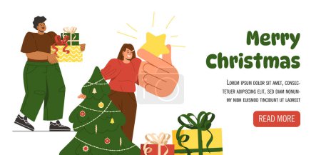 Illustration for Christmas couple banner. Man and woman near Christmas Tree with toys and gift boxes. New Year and winter holidays. Landing page design. Cartoon flat vector illustration isolated on white background - Royalty Free Image