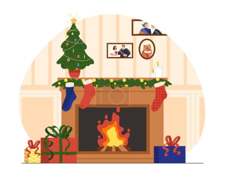 Illustration for Christmas fireplace scene concept. Fire near gift boxes and socks. Christmas and New Year, winter holidays. Comfort and coziness. Cartoon flat vector illustration isolated on white background - Royalty Free Image