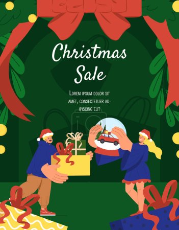 Illustration for Christmas shopping template. Disounts and promotions. Advertising and marketing. Electronic commerce at New Year and winter holidays. Postcard layout. Cartoon flat vector illustration - Royalty Free Image