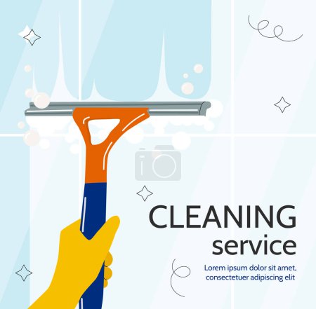 Cleaning service template. Hand in rubber yellow glove with scraper. Hygiene and cleanliness. Household chores and routine. Graphic element for website. Cartoon flat vector illustration