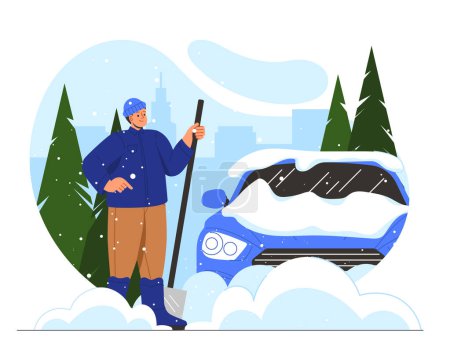 Illustration for Cleans car from snow concept. Man near blue automobile with snowdrifts and snowcapes. Young guy clean up transport in winter season. Cartoon flat vector illustration isolated on white background - Royalty Free Image