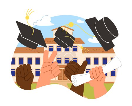 Illustration for College graduation concept. Successful students after graduate. Education and learning, training. Hands with hats and diploma. Cartoon flat vector illustration isolated on white background - Royalty Free Image