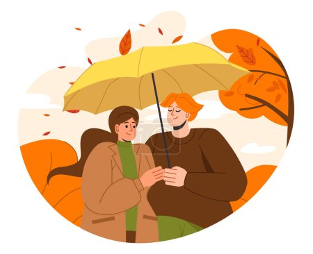 Téléchargez les illustrations : Couple automne concept extérieur. Homme et femme avec parapluie orange près des feuilles et feuillages colorés. Famille amoureuse. Illustration vectorielle plate de bande dessinée isolée sur fond blanc - en licence libre de droit