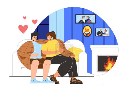 Illustration for Couple in love in home concept. Man and woman hug each other and sit at sofa. Comfort and coziness indoor. Love and romance. Cartoon flat vector illustration isolated on white background - Royalty Free Image
