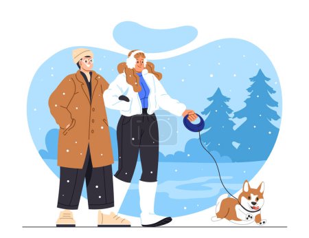 Ilustración de Pareja con perro en concepto de invierno. Hombre y mujer con cachorro en clima frío y nevadas. Escena de Navidad y Año Nuevo. Ilustración vectorial plana de dibujos animados aislada sobre fondo blanco - Imagen libre de derechos