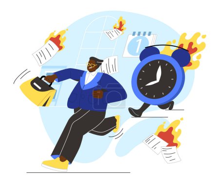 Illustration for Man with deadlines concept. Businessman with briefcase near burning clocks. Bad time management. Young guy hurry. Cartoon flat vector illustration isolated on white background - Royalty Free Image