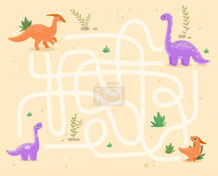 Illustration for Dinosaurs maze game concept. Colorful dino with lines. Educational materials for kids. Labyrinth with prehistoric animals. Cartoon flat vector illustration isolated on beige background - Royalty Free Image