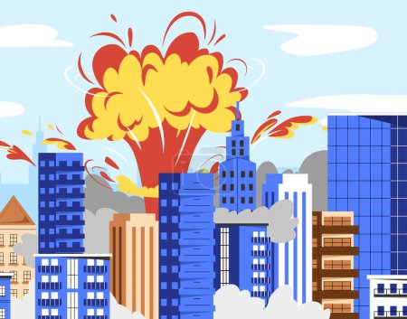 Illustration for Explosion in city concept. Drop of bombs in modern urban landscape with skyscrapers. Clouds in sky. Demolition and destruction after armed conflict and war. Cartoon flat vector illustration - Royalty Free Image