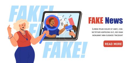 Illustration for Fake news banner. Landing page design. Woman with magnifying glass look at mass media and search for lie in newspapers. Desinformation on internet. Cartoon flat vector illustration - Royalty Free Image