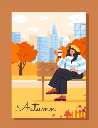 Illustration for Fall season postcard concept. Woman sitting on bench in park in fall season. Love and romance. Template and layout. Cartoon flat vector illustration isolated on orange background - Royalty Free Image