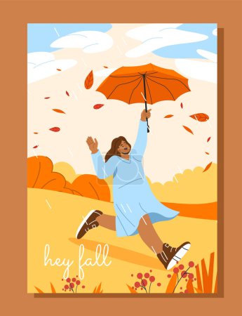Illustration for Fall season postcard concept. Woman run with umbrella in park in fall season. Love and romance. Graphic element for website. Cartoon flat vector illustration isolated on orange background - Royalty Free Image