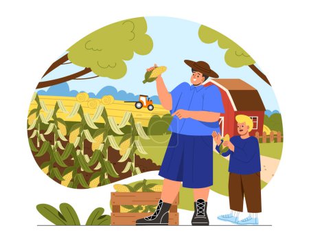 Illustration for Family on farm concept. Cute farmer with crop and harvest. Farming and agriculture. Father with boy near corn field with box. Cartoon flat vector illustration isolated on white background - Royalty Free Image