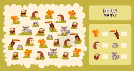 Illustration for How many game template. Forest dwellers. Hedgehog and squirrel. Educational material for children. Development counting skills for kids. Poster or banner. Cartoon flat vector illustration - Royalty Free Image