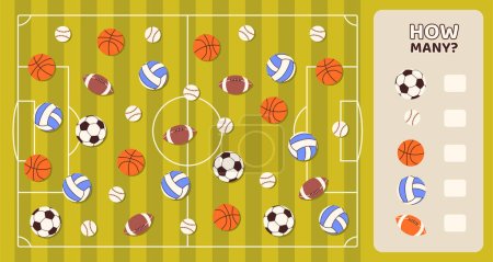 Illustration for How many game template. Sports and active lifestyle. Football and basketball balls. Educational material for children. Development counting skills for kids. Cartoon flat vector illustration - Royalty Free Image