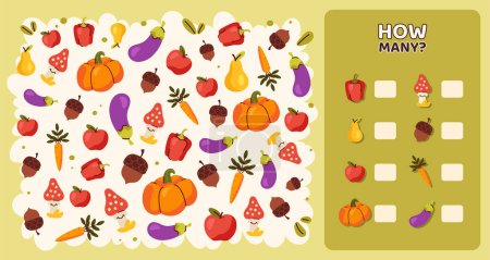 Illustration for How many game template. Different vegetables. Carrot and eggplant, tomato. Educational material for children. Development counting skills for kids. Poster or banner. Cartoon flat vector illustration - Royalty Free Image