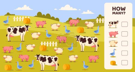 Téléchargez les illustrations : Combien de modèles de jeu. Ferme et agriculture avec vaches et porcs, moutons. Matériel éducatif pour les enfants. Développement des compétences de comptage pour les enfants. Illustration vectorielle plate de bande dessinée - en licence libre de droit