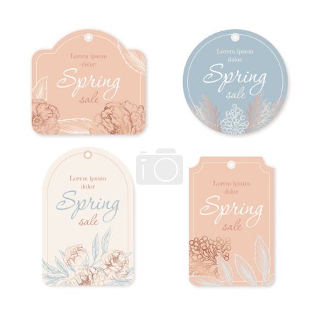 Illustration for Label flowers boutique set. Beauty, elegance and aesthetics. Spring sale. Discounts and promotions. Marketing and commerce. Cartoon flat vector collection isolated on white background - Royalty Free Image