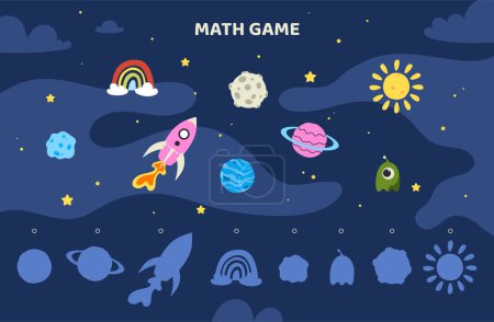 Illustration for Match game for kids template. Space and cosmos. Rockets and comets with planet. Educational materials for children. Counting skills development. Poster or banner. Cartoon flat vector illustration - Royalty Free Image