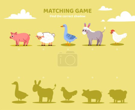 Illustration for Match game for kids template. Farm animals. Sheep, goose, pig and chicken. Educational materials for children. Counting skills development. Poster or banner. Cartoon flat vector illustration - Royalty Free Image