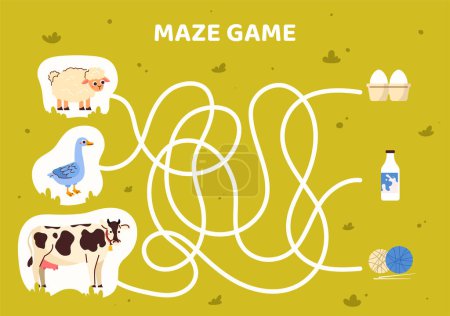 Illustration for Maze game template. Goose, sheep and cow line path. Farm and cattle. Educational materials for children. Logical skills development for kids. Poster or banner. Cartoon flat vector illustration - Royalty Free Image