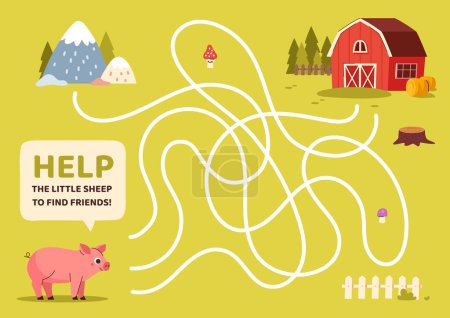 Illustration for Maze game template. Pig and barn line path. Farm labirynth. Educational materials for children. Logical skills development for kids. Graphic element for website. Cartoon flat vector illustration - Royalty Free Image