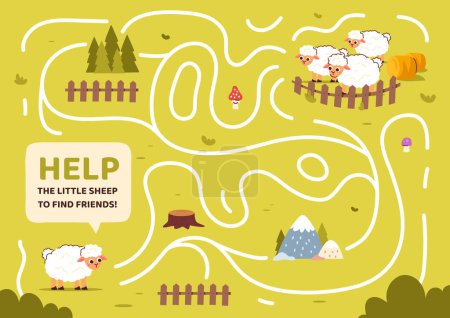 Illustration for Maze game template. Sheep and fence line path. Cattle labirynth. Educational materials for children. Logical skills development for kids. Graphic element for website. Cartoon flat vector illustration - Royalty Free Image