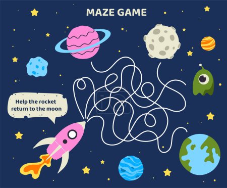 Illustration for Maze game template. Rocket and planet line path. Space labirynth. Educational materials for children. Logical skills development for kids. Graphic element for website. Cartoon flat vector illustration - Royalty Free Image