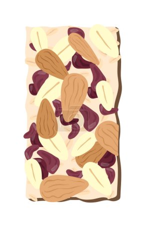 Illustration for Muesli bar concept. Healthy and sweet eating. Fitness and active lifestyle. Chocolate with fruits and nuts. Poster or banner. Cartoon flat vector illustration isolated on white background - Royalty Free Image