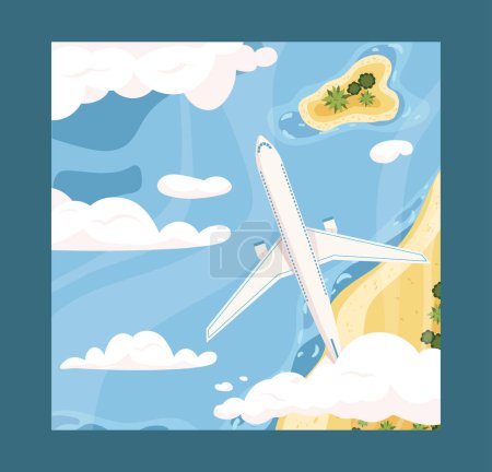 Illustration for Plane aerial view poster. Airplane near sea and land. Flights and international travels, tourism. Holiday and vacation. Template and layout. Cartoon flat vector collection isolated on blue background - Royalty Free Image