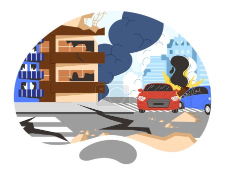 Illustration for Post earthquake city concept. Car at cracked roads. Disaster and crisis in urban. Cityscape after tsunami. Destruction and demolition. Cartoon flat vector illustration isolated on white background - Royalty Free Image
