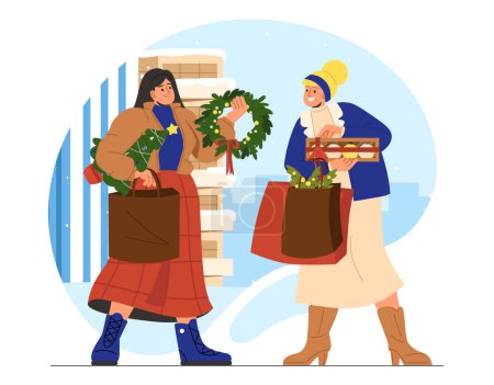 Illustration for Preparing for xmas concept. Women with gift boxes and wreath in Christmas season. Presents for New Year and winter holidays. Cartoon flat vector illustration isolated on white background - Royalty Free Image