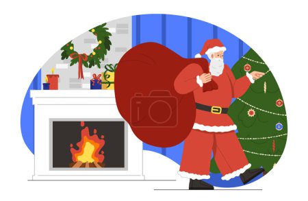 Illustration for Santa by fireplace concept. Santa Claus with big red bag with presents and gifts. Christmas and New Year, winter season holidays. Cartoon flat vector illustration isolated on white background - Royalty Free Image