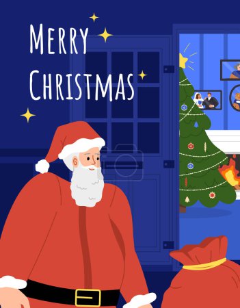 Téléchargez les illustrations : Affiche du Père Noël. Joyeux Noël et bonne année. Homme en costume rouge et chapeau avec barbe grise avec sac de cadeaux. Vacances d'hiver. Des cadeaux et des surprises. Illustration vectorielle plate de bande dessinée - en licence libre de droit