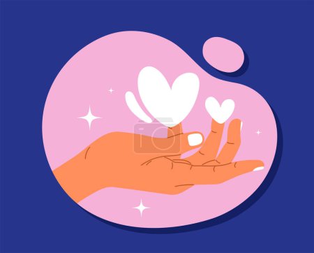 Illustration for Self love poster. Girl hand with white heart. Psychology and mental health. Acceptance and confidence. Charity and donation. Cartoon flat vector illustration isolated on blue background - Royalty Free Image