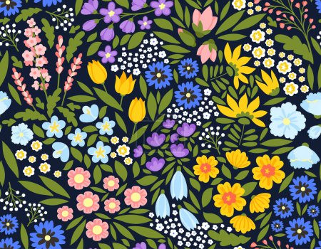 Illustration for Small flowers seamless pattern. Repeating design element for printing on fabric. Yellow, blue and violet plants. Spring season, bloom and blossom bouquets. Cartoon flat vector illustration - Royalty Free Image