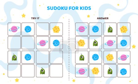 Téléchargez les photos : Modèle Sudoku pour enfants. Alien, planète violette et bleue, comète jaune. Développement de compétences logiques pour les enfants. Éducation et formation des enfants d'âge préscolaire. Illustration vectorielle plate de bande dessinée - en image libre de droit