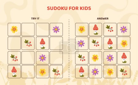 Illustration for Sudoku for kids template. Red mushroom, violet and yellow flowers and berries. Development of logical skills for children. Education and training for preschoolers. Cartoon flat vector illustration - Royalty Free Image