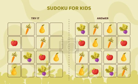 Téléchargez les illustrations : Modèle Sudoku pour enfants. Carotte, poire, pomme et radis. Récolte et récolte. Développement de compétences logiques pour les enfants. Éducation et formation des enfants d'âge préscolaire. Illustration vectorielle plate de bande dessinée - en licence libre de droit