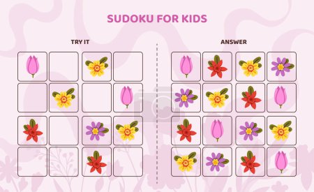 Téléchargez les illustrations : Modèle Sudoku pour enfants. Fleurs rouges, jaunes et wiolettes. Printemps et été. Développement de compétences logiques pour les enfants. Éducation et formation des enfants d'âge préscolaire. Illustration vectorielle plate de bande dessinée - en licence libre de droit
