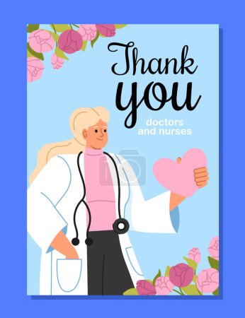 Illustration for Thank you doctors postcard. Woman in medical coat with sthetoscope. Healthcare, medicine and treatment. Template and layout. Cartoon flat vector illustration isolated on blue background - Royalty Free Image