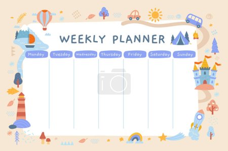 Illustration for Weekly planner template. Time management and organization of effective educational process. Lesson schedule at school and university. Cartoon flat vector illustration isolated on beige background - Royalty Free Image