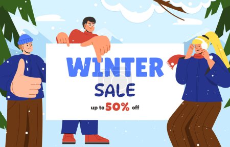 Illustration for Winter sale concept. Discounts and promotions. New Year and Christmas season. Electronic commerce and marketing. People with placard. Poster or banner for website. Cartoon flat vector illustration - Royalty Free Image