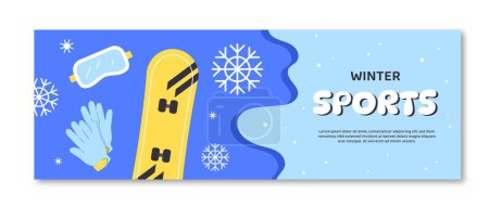Illustration for Winter sports banner. Yellow skateboard and blue gloves. Actve lifestyle and fitness. Snowy resort advertisement. Template and layout. Cartoon flat vector illustration isolated on white background - Royalty Free Image