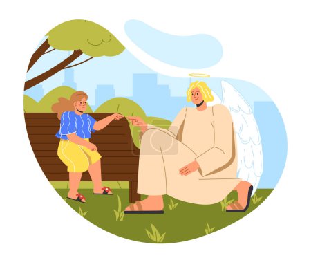 Illustration for Angel protection scene. Life keeper with wings near girl. Man saving kid. Faith and believe, hope. Poster or banner. Cartoon flat vector illustration isolated on white background - Royalty Free Image