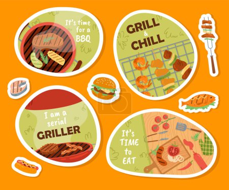 Illustration for Barbecue stickers set. BBQ and grilled meat. Picnic outdoor. Spring back yard party invitation postcards. Bacon and sausage. Cartoon flat vector collection isolated on orange background - Royalty Free Image