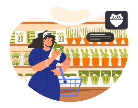Illustration for Buying fresh microgreens concept. Woman with cart near sprouts in flowerpots. Gardening and horticulture, botany and floristry. Cartoon flat vector illustration isolated on white background - Royalty Free Image